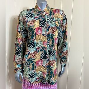 Vintage Christie & Jill Blouse Button Front Long Sleeve Womens Size M Multicolor